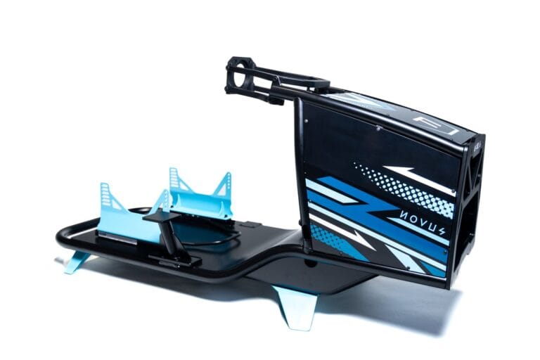 Novus branded X Cage chassis with blue GT brackets and detailed graphic design - Novus Racing Simulators