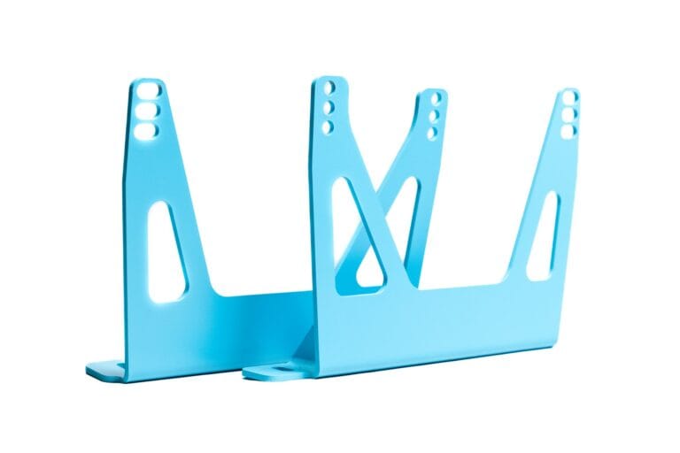 Novus F1 seat brackets set in blue finish with lightweight design and mounting holes - Novus Racing Simulators