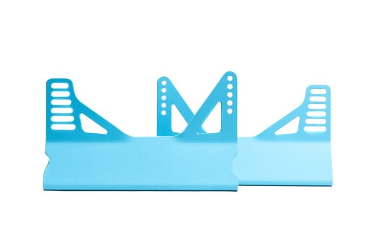 Novus GT seat brackets front view with blue precision-cut design and adjustment slots - Novus Racing Simulators