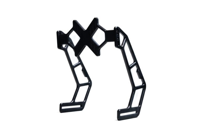 Novus single monitor mount front view with black geometric metal frame and dual arms - Novus Racing Simulators
