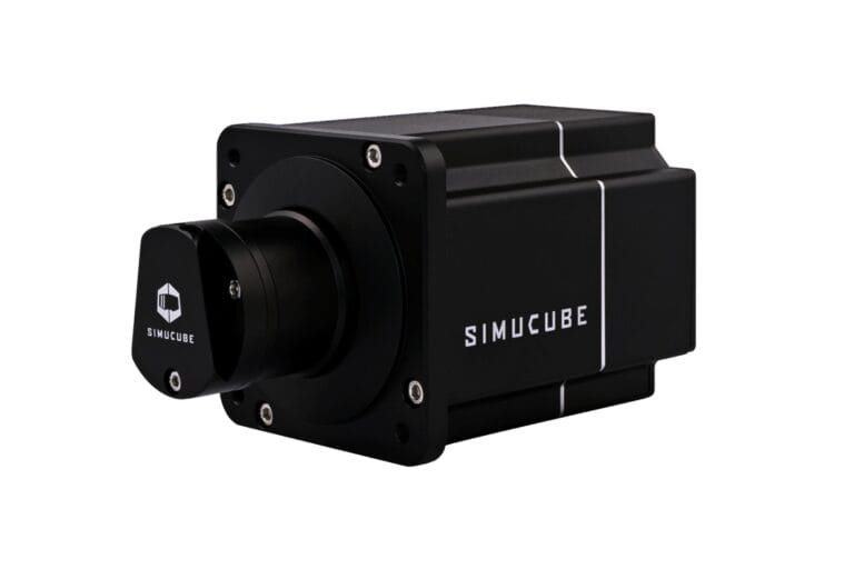 Simucube 2 Sport angled front view with black aluminum housing and compact design - Novus Racing Simulators