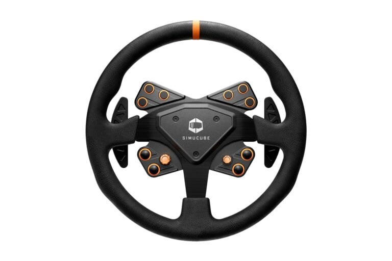 Simucube Tahko Round Black Edition front view with black orange wheel and button layout - Novus Racing Simulators