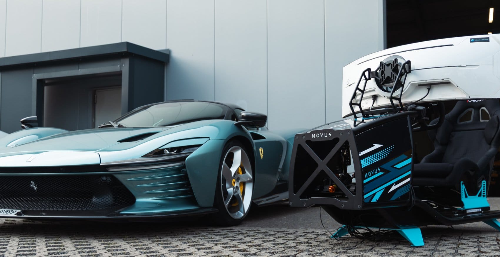 Novus racing simulator positioned next to sports car in modern showroom displaying professional sim racing equipment