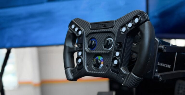 Formula-style racing simulator steering wheel with multiple button controls and carbon fiber construction
