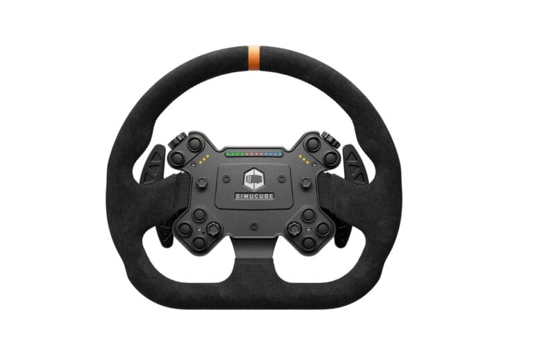 Simucube Valo GT-23 front view with alcantara wheel, 18 RGB LEDs, dual joysticks, and rotary encoders - Novus Racing Simulators