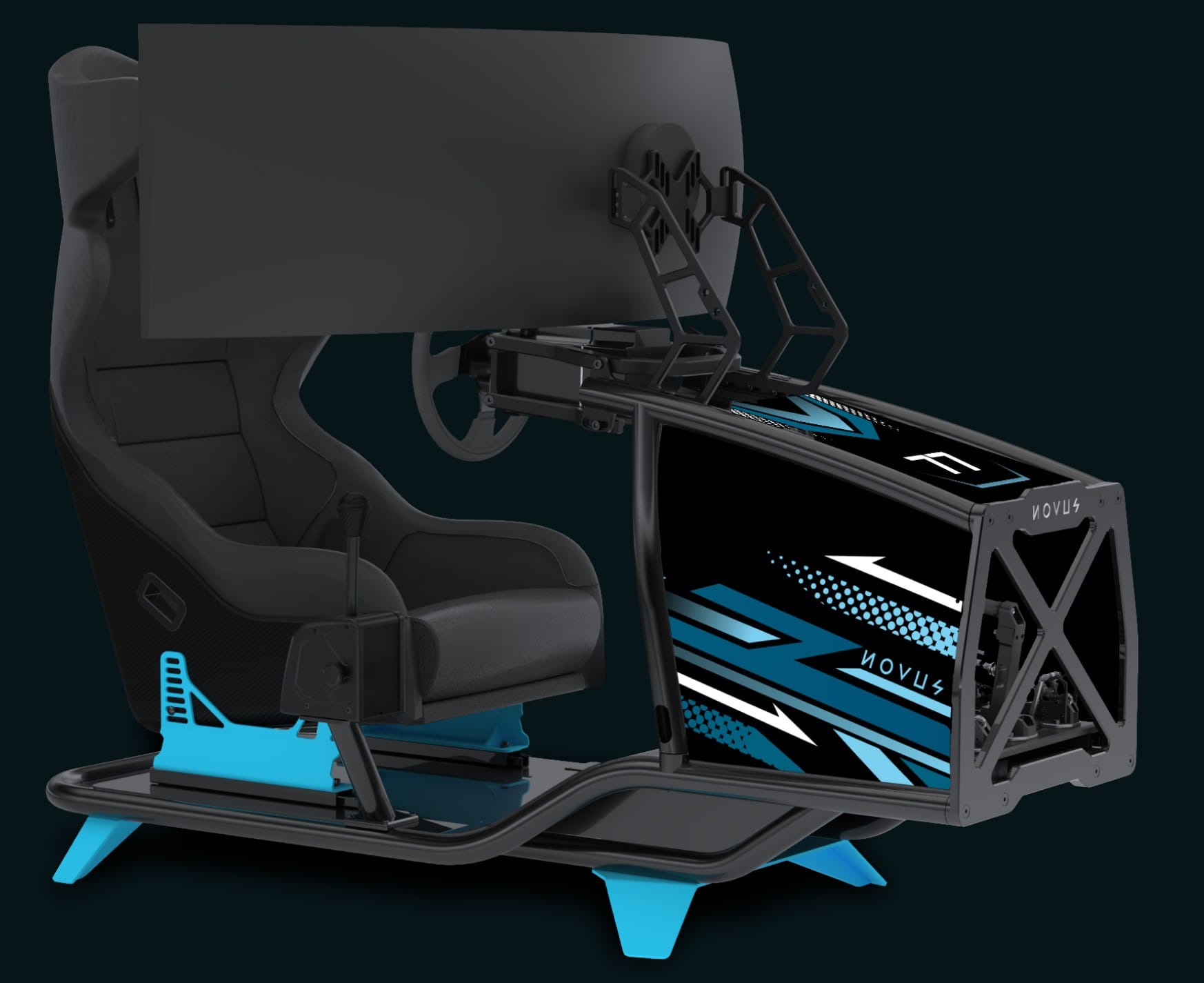 Complete Novus racing simulator showing wheelbase, steering wheel, pedals, seat, and displays mounted on X Cage chassis with interactive category links
