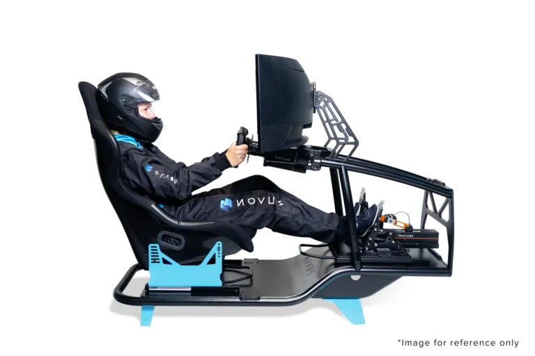 Novus S Cockpit professional sim racing cockpit with driver seated showing VRS components