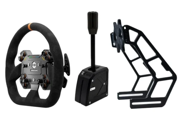 Novus sim racing components including steering wheel, shifter, and display mount